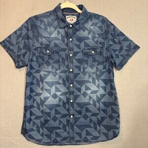 Thread & Cloth Distressed Geometric Denim Shirt‎ Mens Small Retro Western